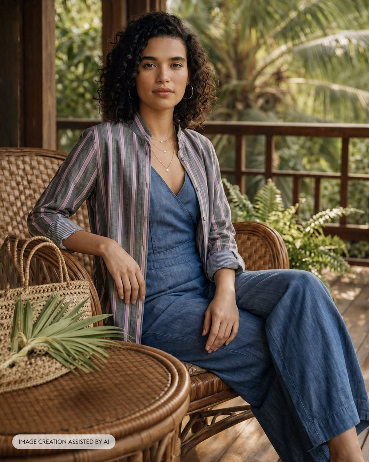 Person wearing an open charcoal and pink striped Trench shirt with rolled sleeves.