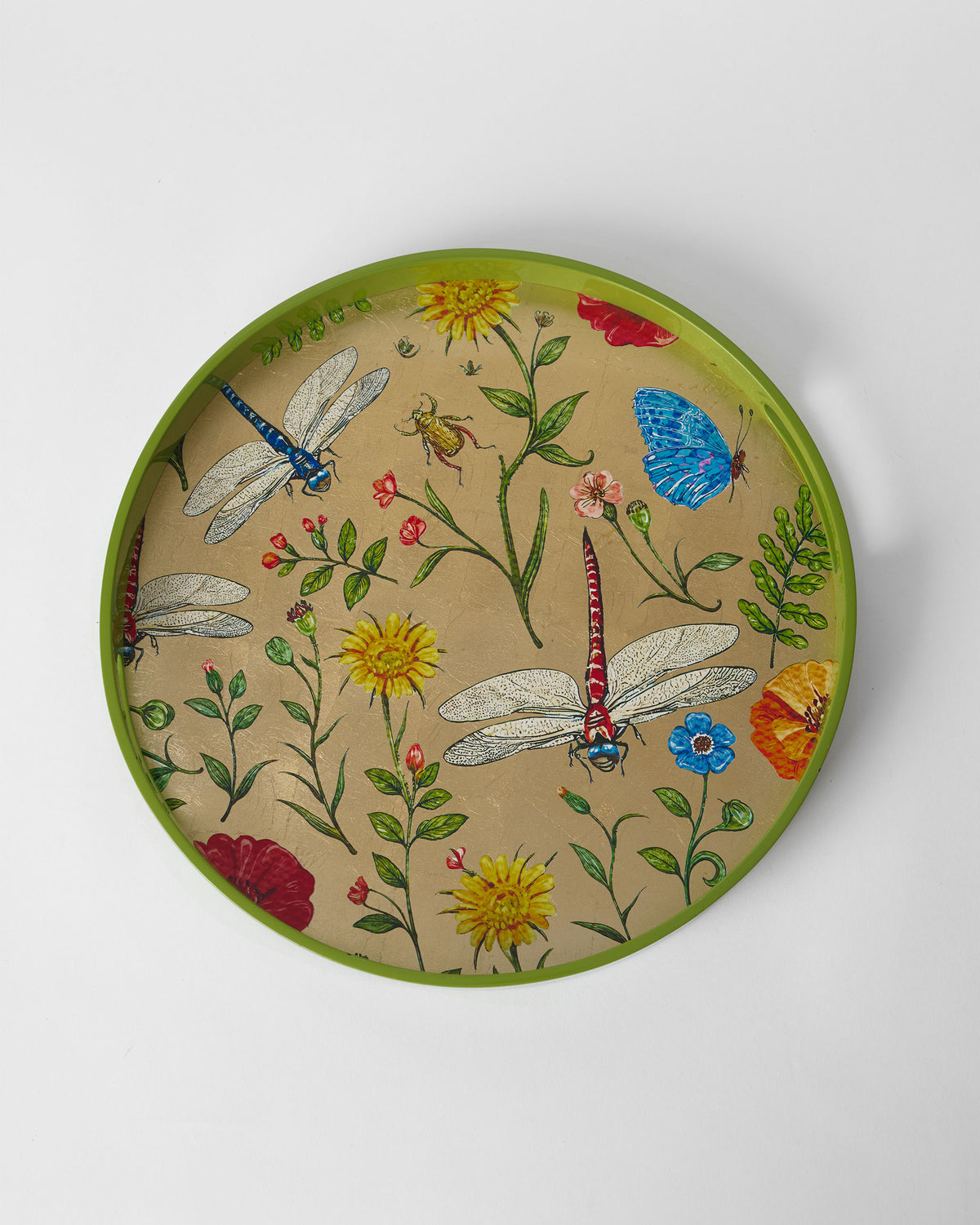 Bloom round tray with a lime green rim and dragonfly and wildflower motifs.