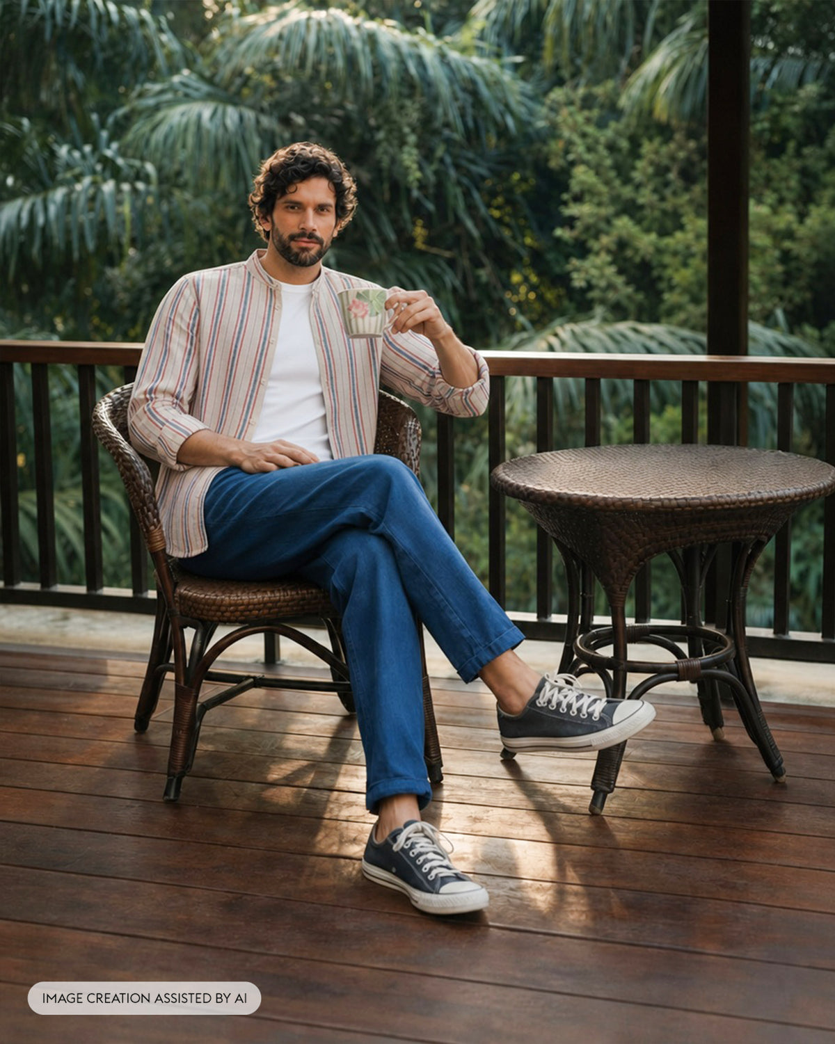Nawab Shirt worn open over a tee in ivory red and blue stripes.