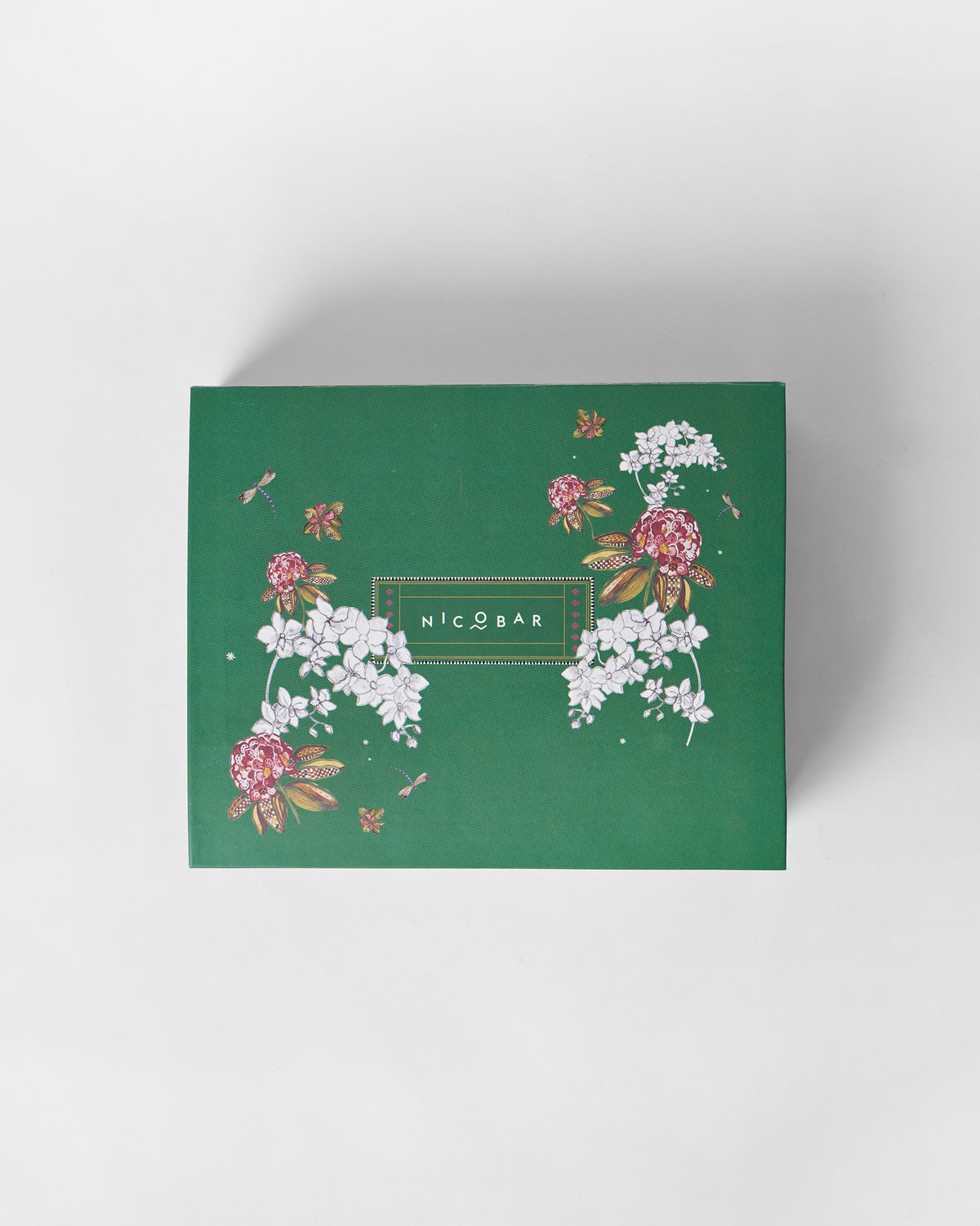 Top view of the closed green Vanika Gift Set box with a floral print.