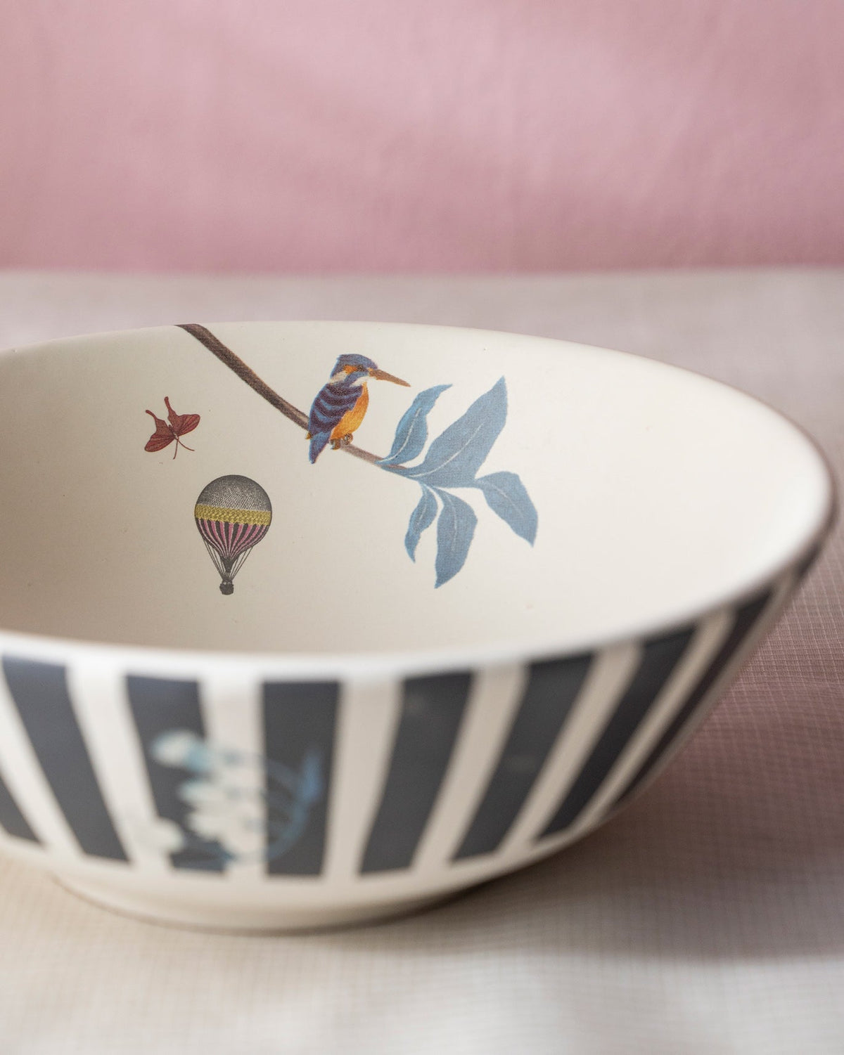 Myra curry bowl interior with a kingfisher and striped hot air balloon.