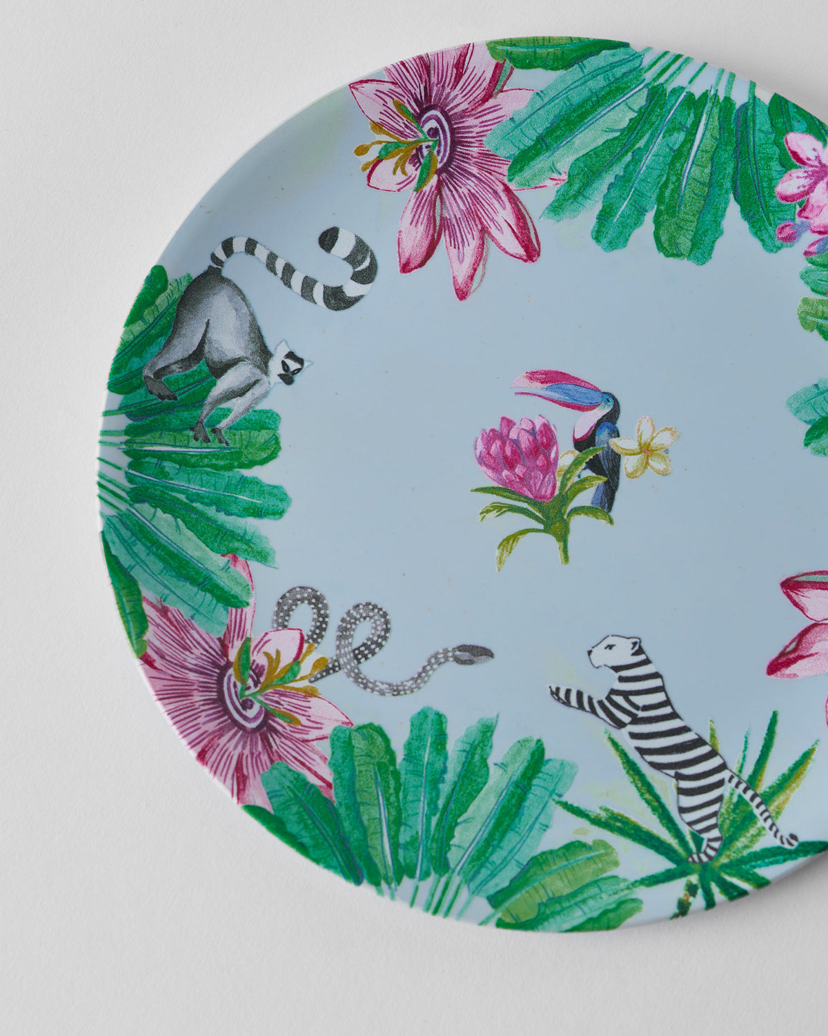 Close-up of a Toucan Bamboo quarter Plate showing toucan, lemur and snake motifs.