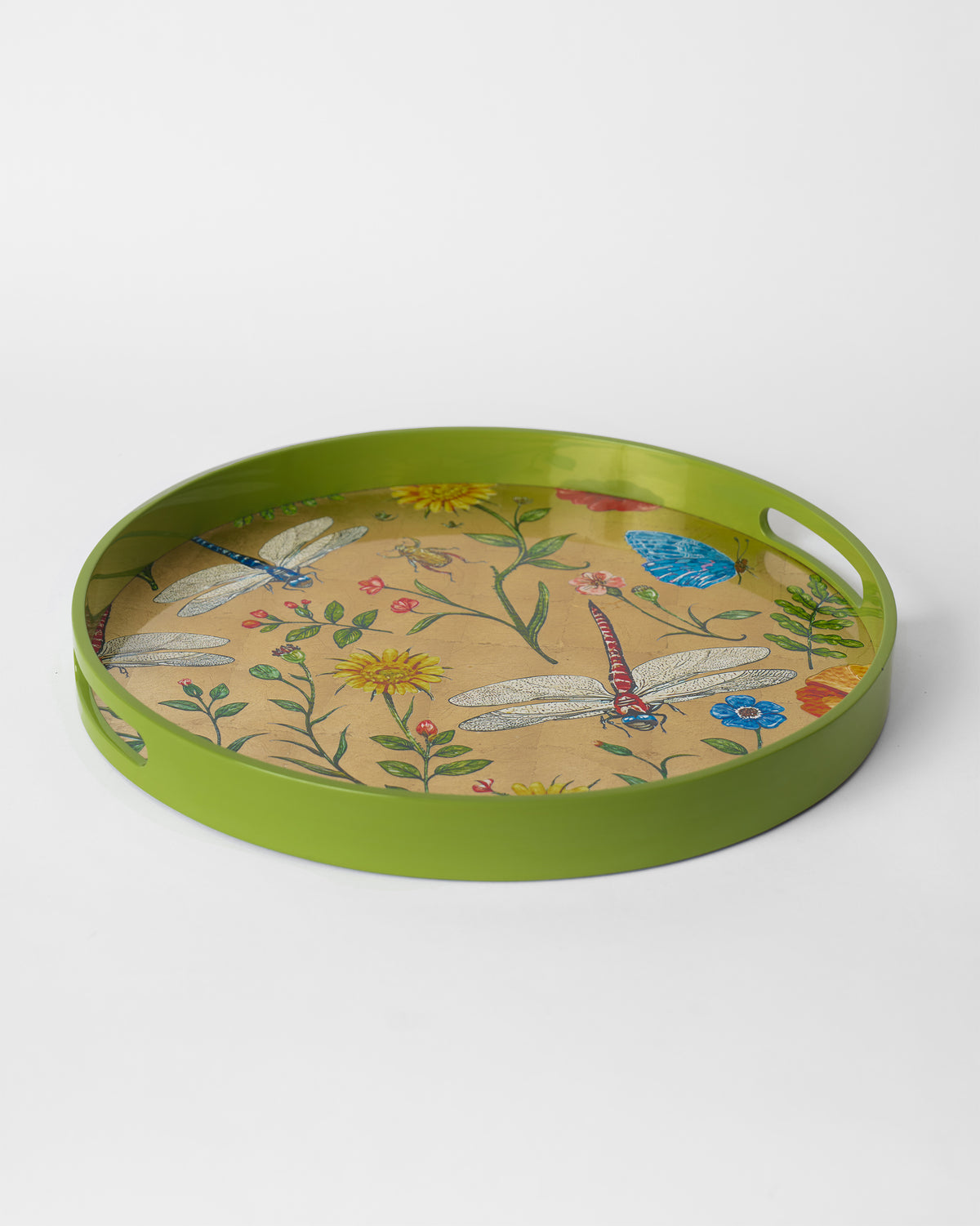 Bloom round tray with cutout handles, lime rim and botanical insect print.