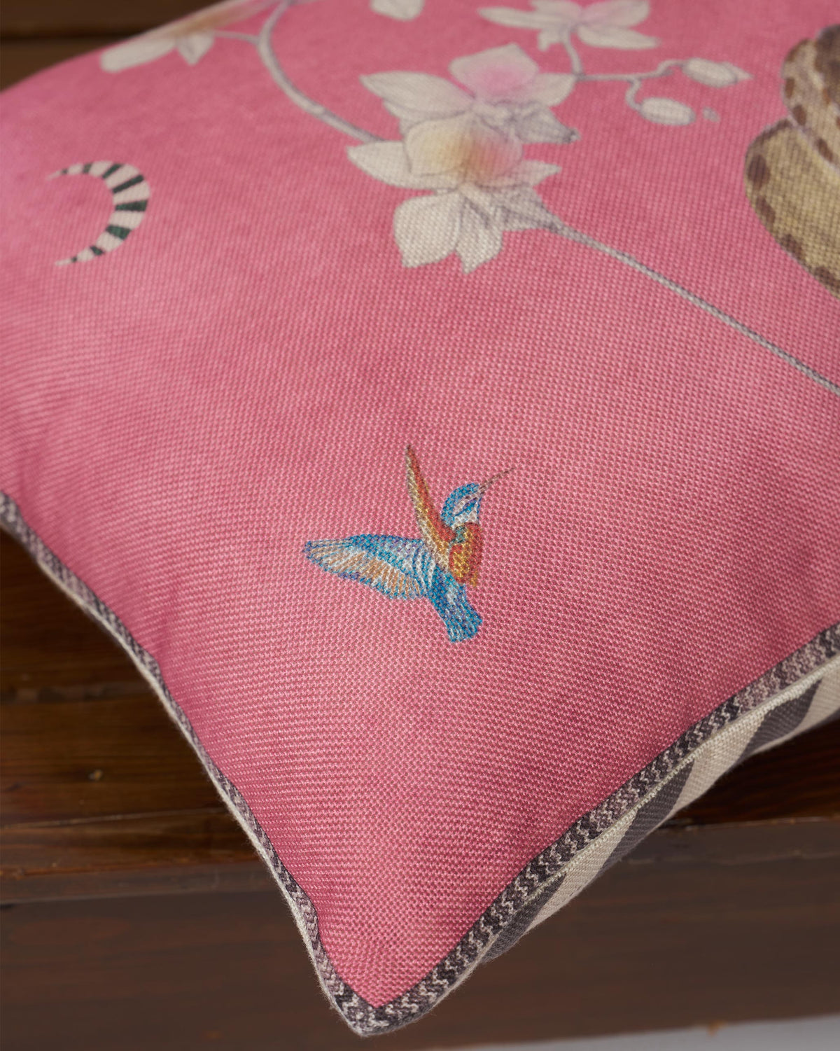 Close-up of Reesha Cushion Cover showing a kingfisher motif.