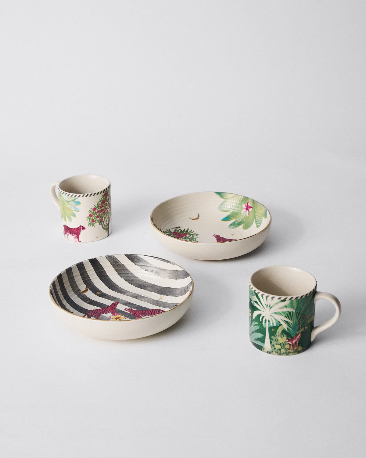Ceylon Comfort Set pieces showing tiger bowls and palm-leaf mugs.