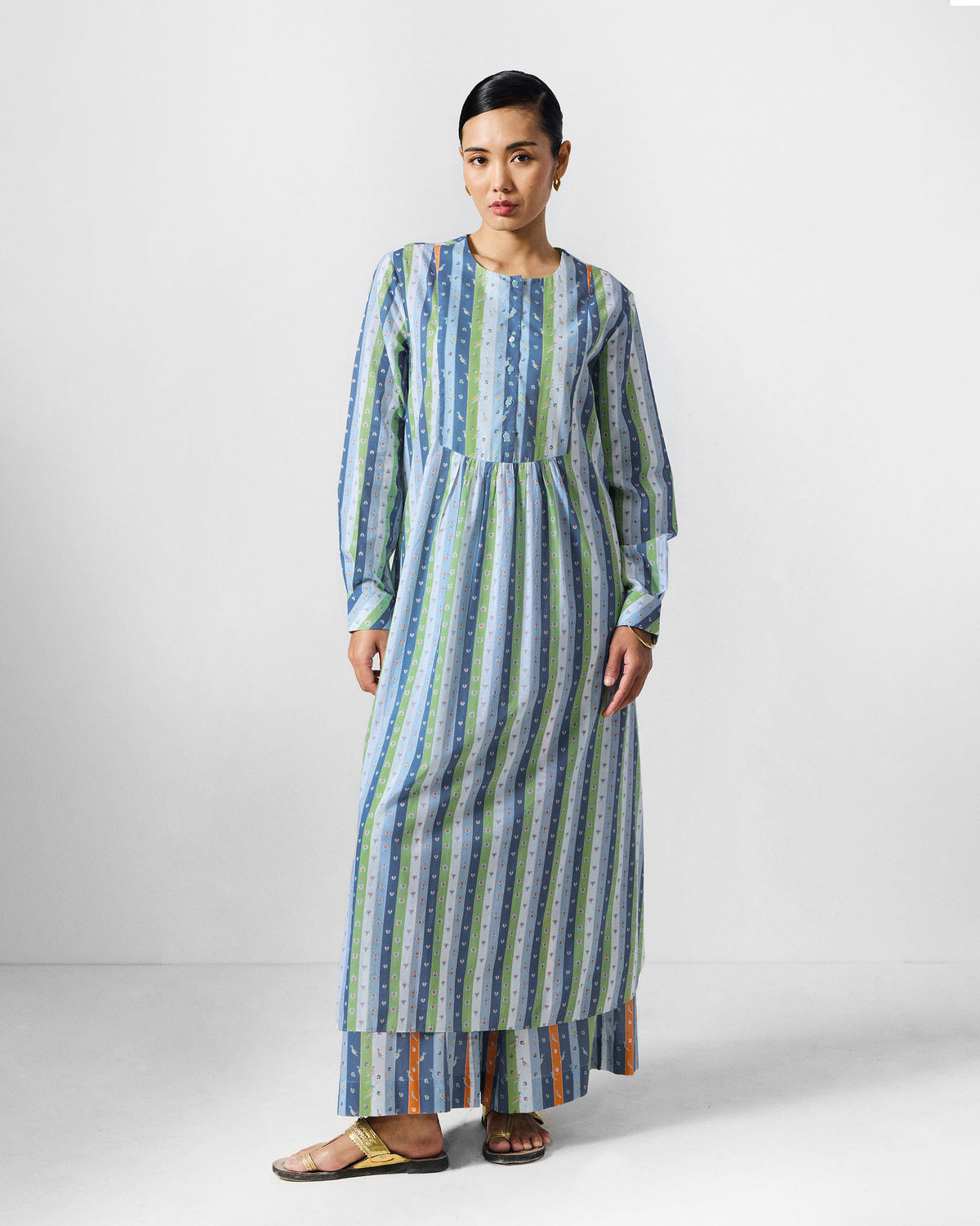 Full-length front view of the Imke kurta set with a round neck and gathered waist.