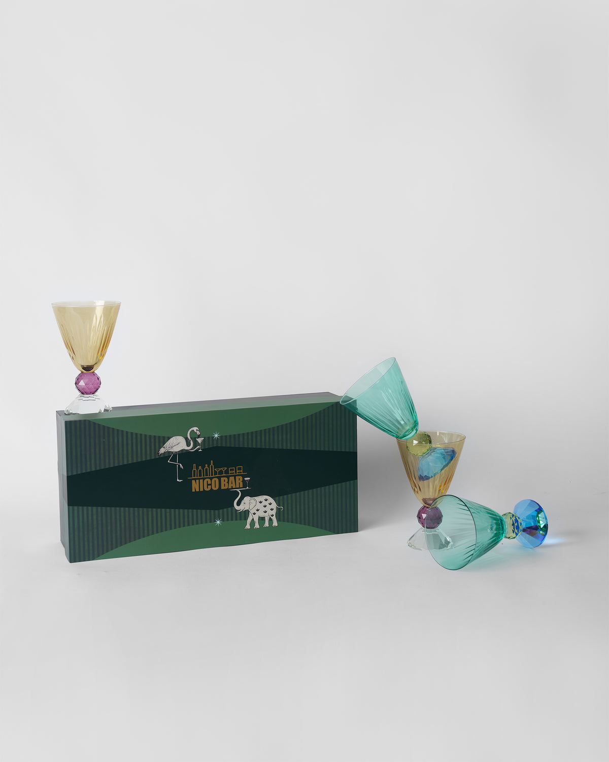 Vira cocktail glass set of four with a green Nico Bar gift box.