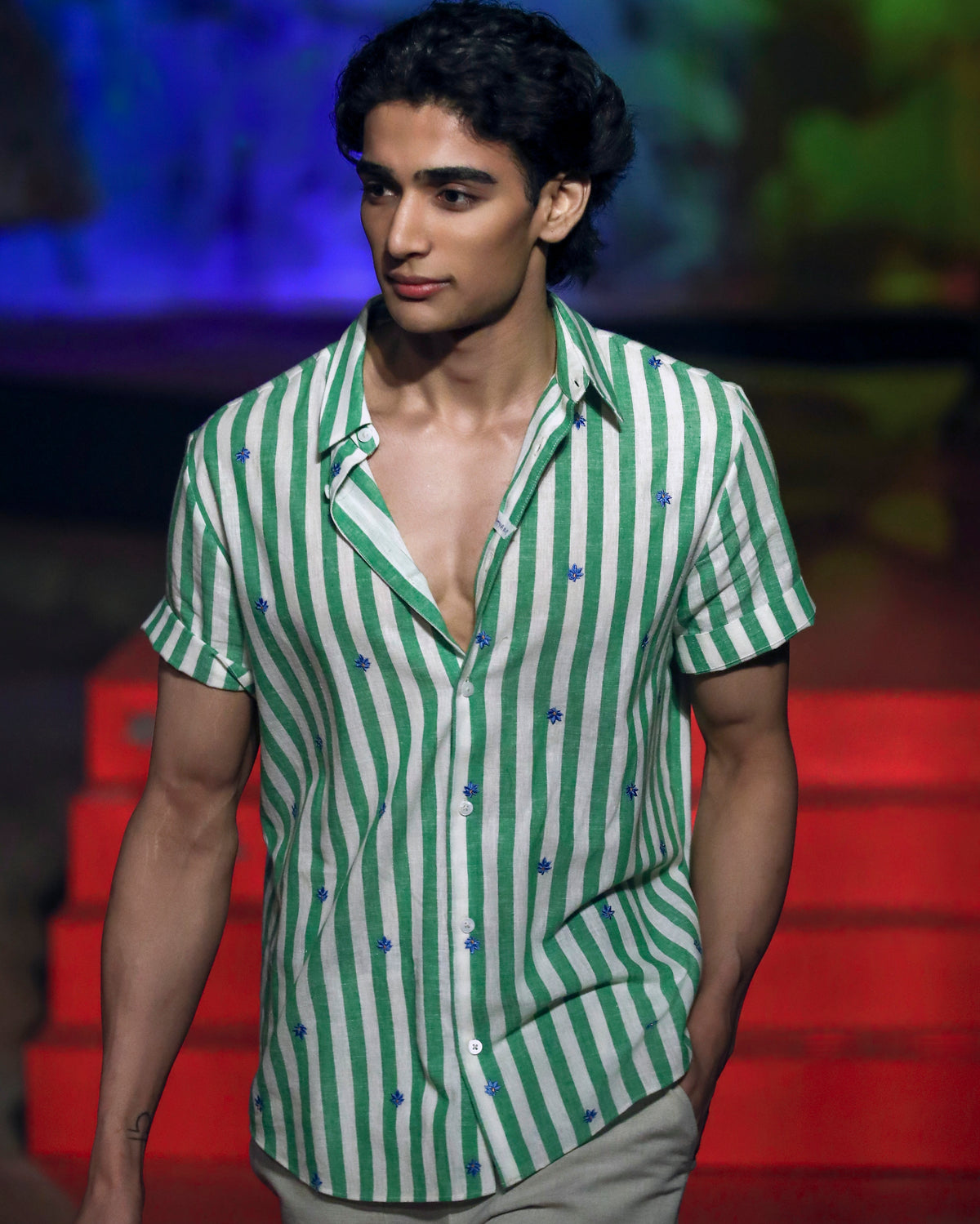 Person wearing a green-and-white striped half-sleeve shirt with blue leaf embroidery.