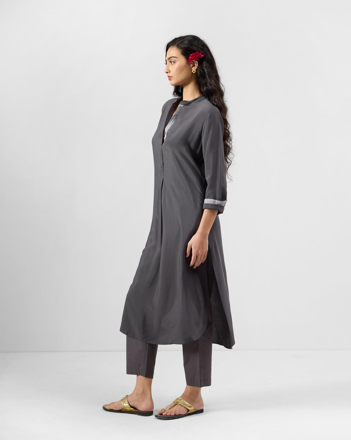Side view of a charcoal Basic Long Length Kurta Set with side slits.
