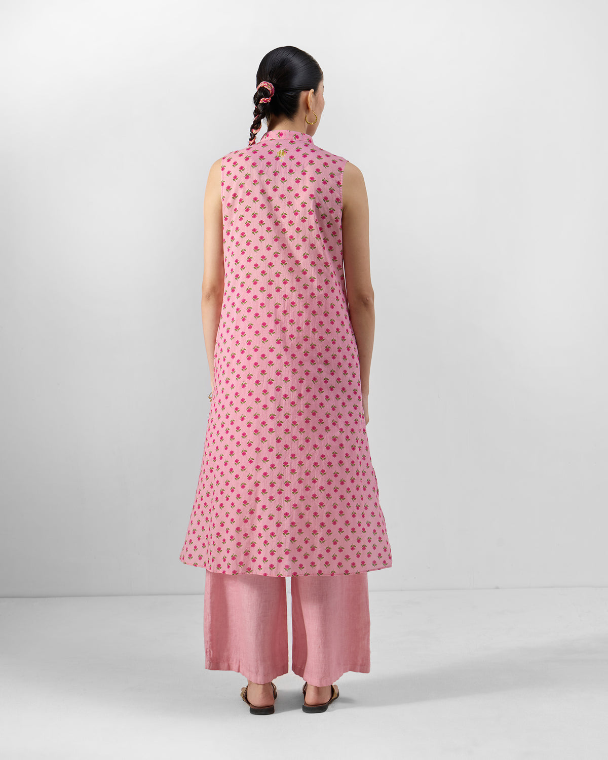Back of a pink floral Summer Fun kurta set with matching pants.