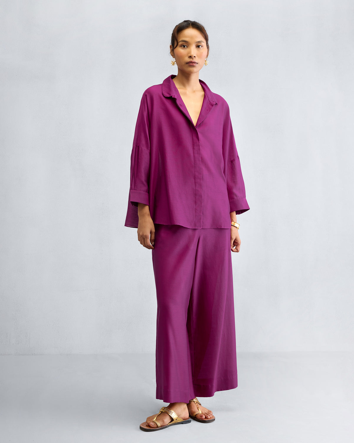 Person wearing a mulberry Boxy Shirt Set with a camp collar shirt and wide-leg pyjamas.