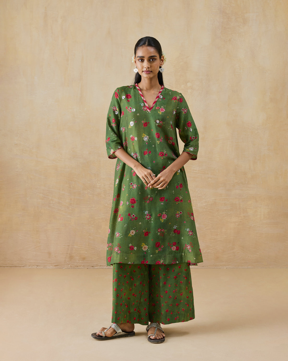 Front of the Cascade kurta set with matching printed pants worn by a person.