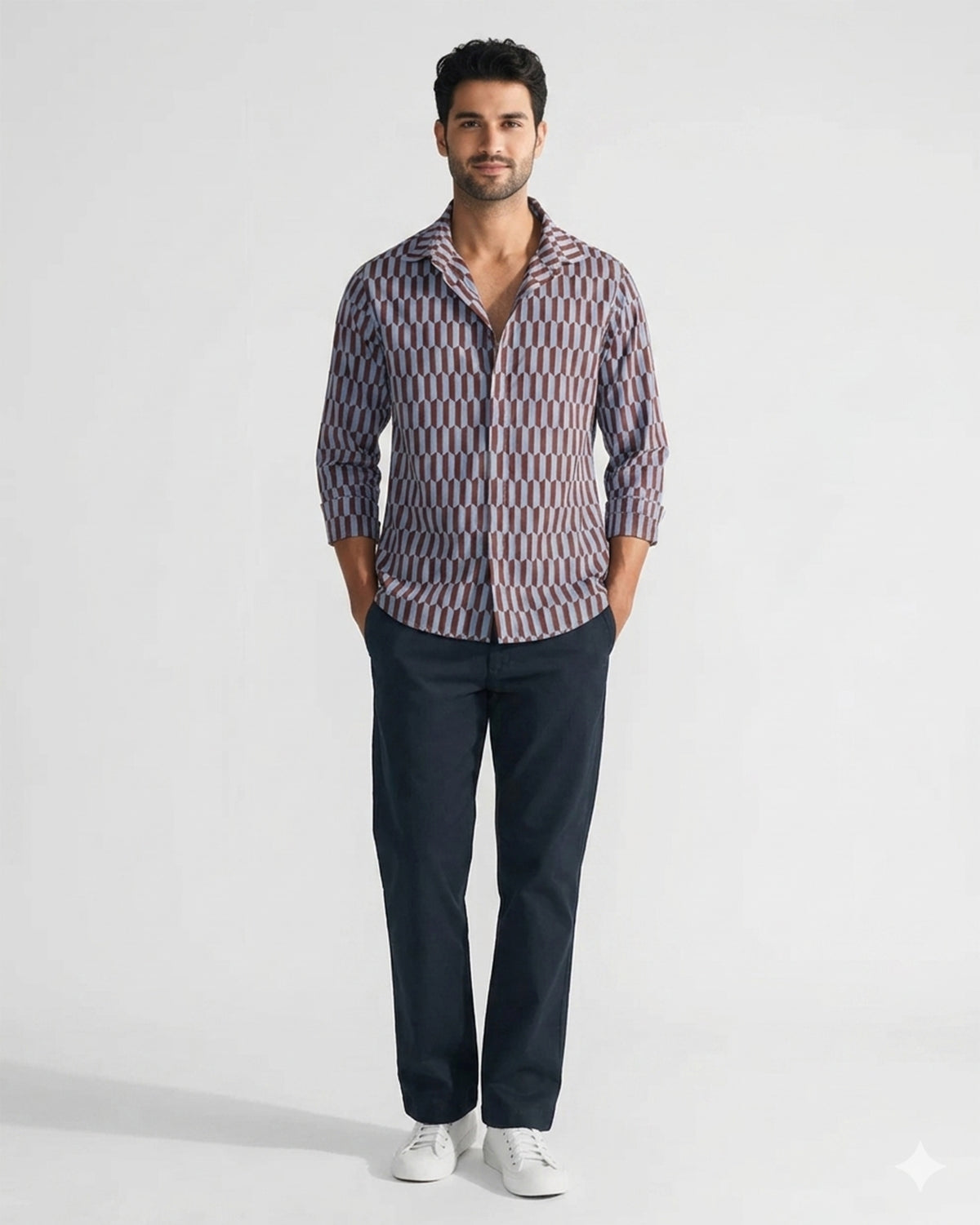 Person wearing navy Flycatcher Trousers with a straight-leg fit.