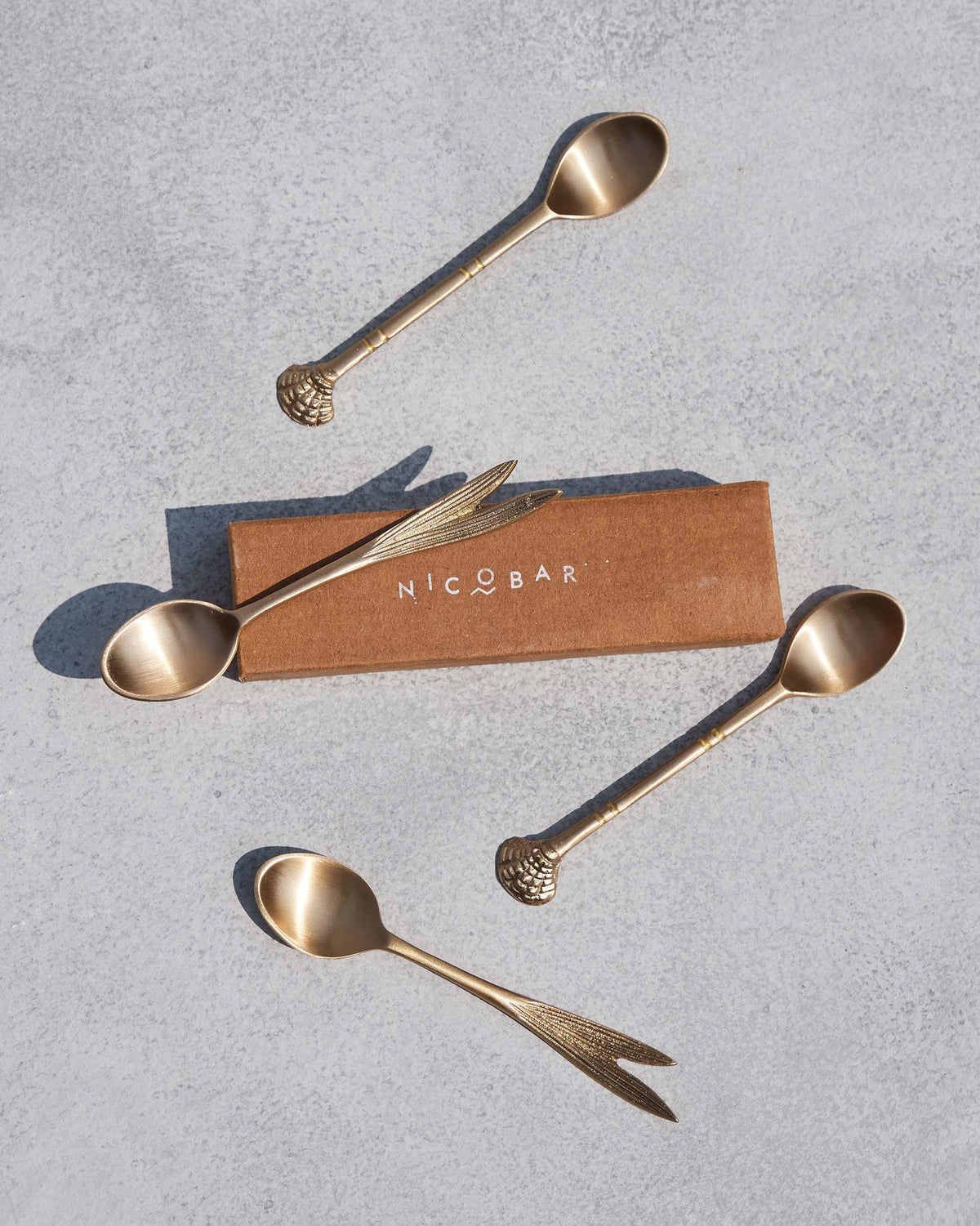 Bahr coffee spoons arranged beside a brown Nicobar box.