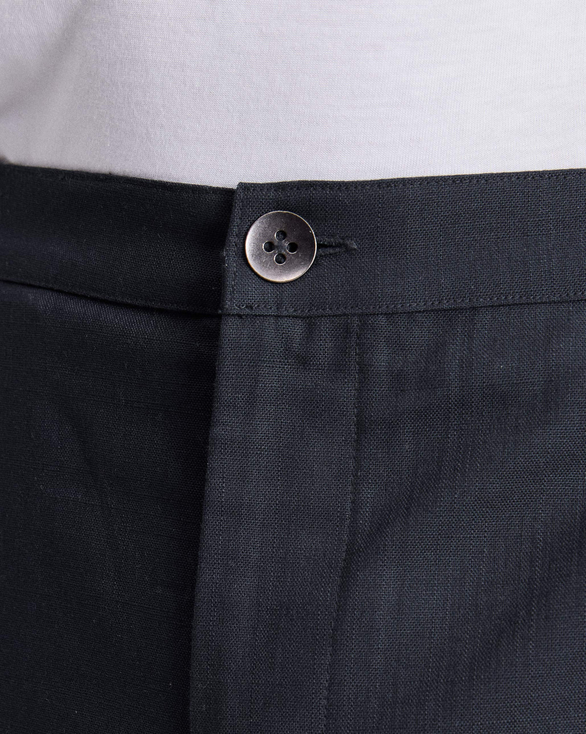 Close-up of black Shillong jammies showing the button waistband.