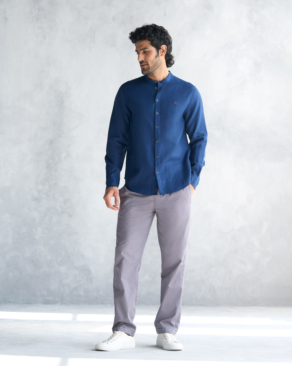 Charcoal Shillong jammies worn full length with a straight-leg fit.