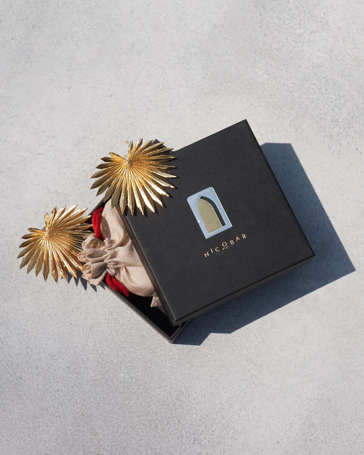 Gold palm leaf earrings beside a Nicobar jewellery box.
