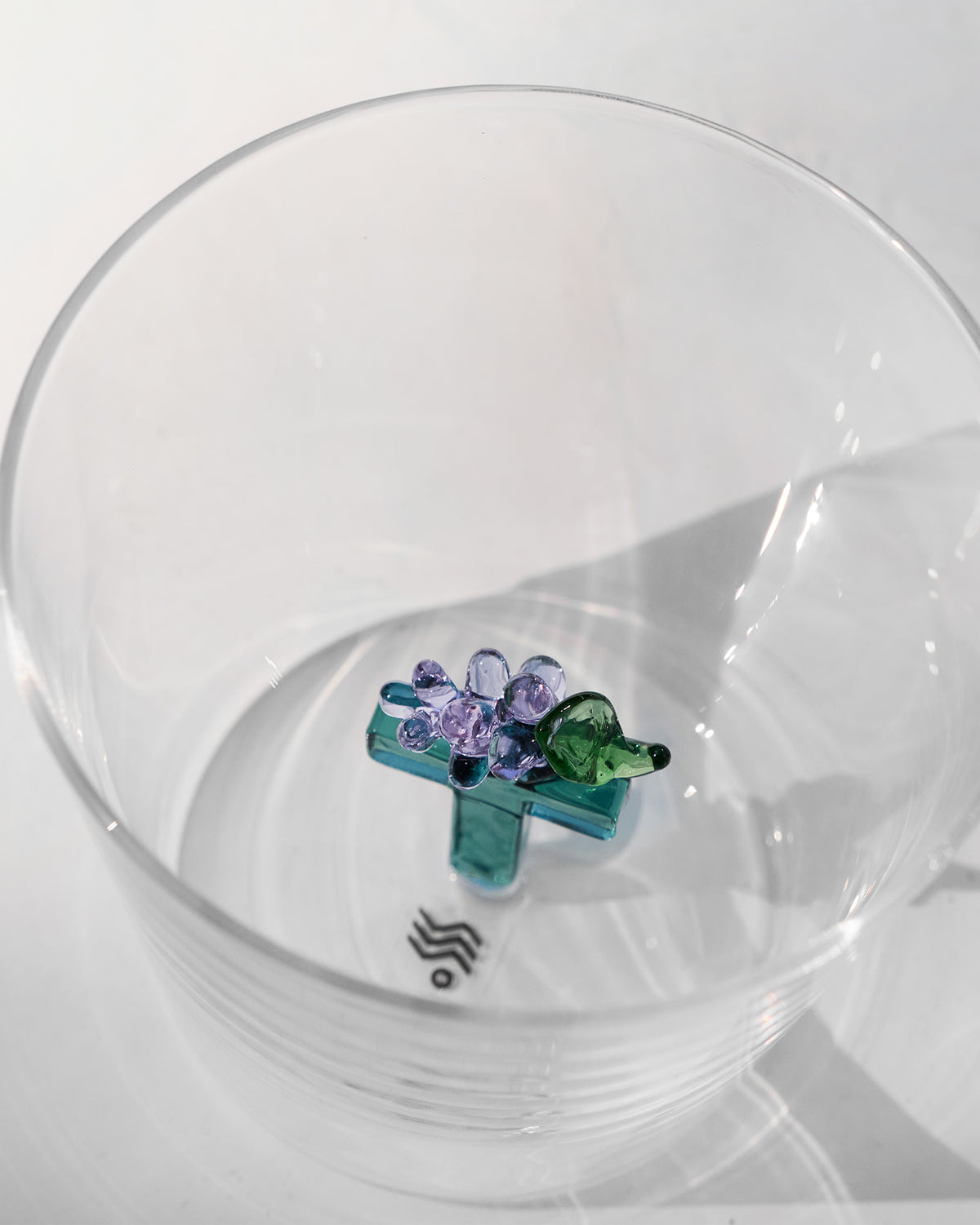 Overhead view of an Alphabet glass with a teal floral letter T.