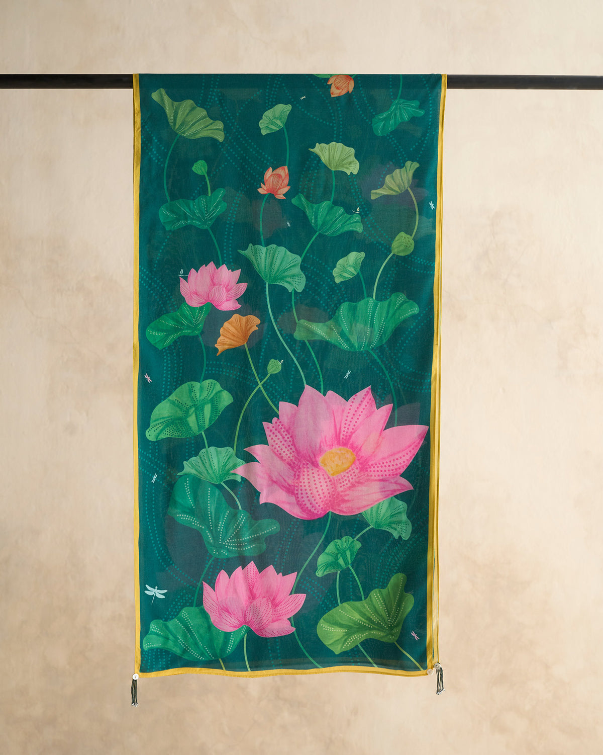 Lotus scarf in green with pink lotus blooms and a yellow border.