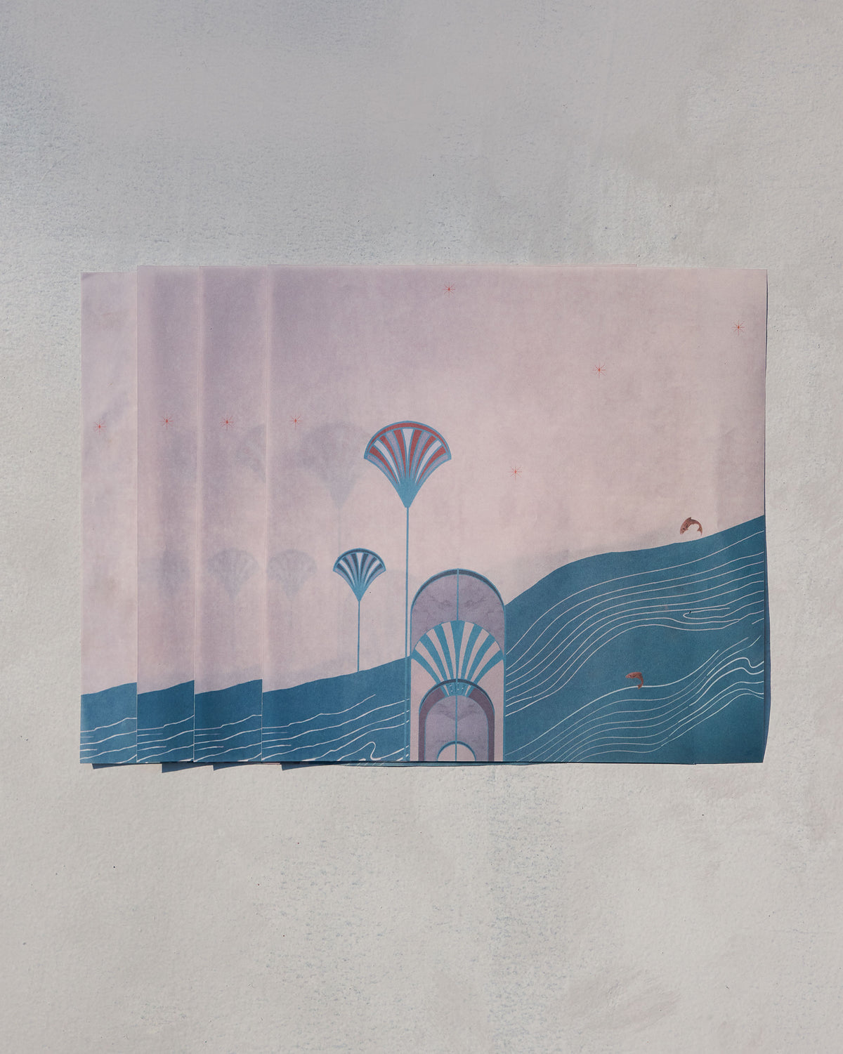 Four Tranquil parchment sheets stacked, with fan and wave motifs.