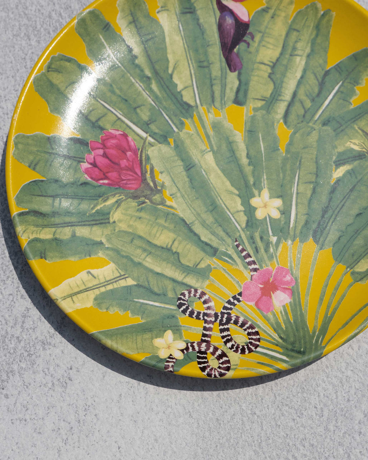 Close-up of yellow Madagascar quarter plate with tropical flora and fauna.