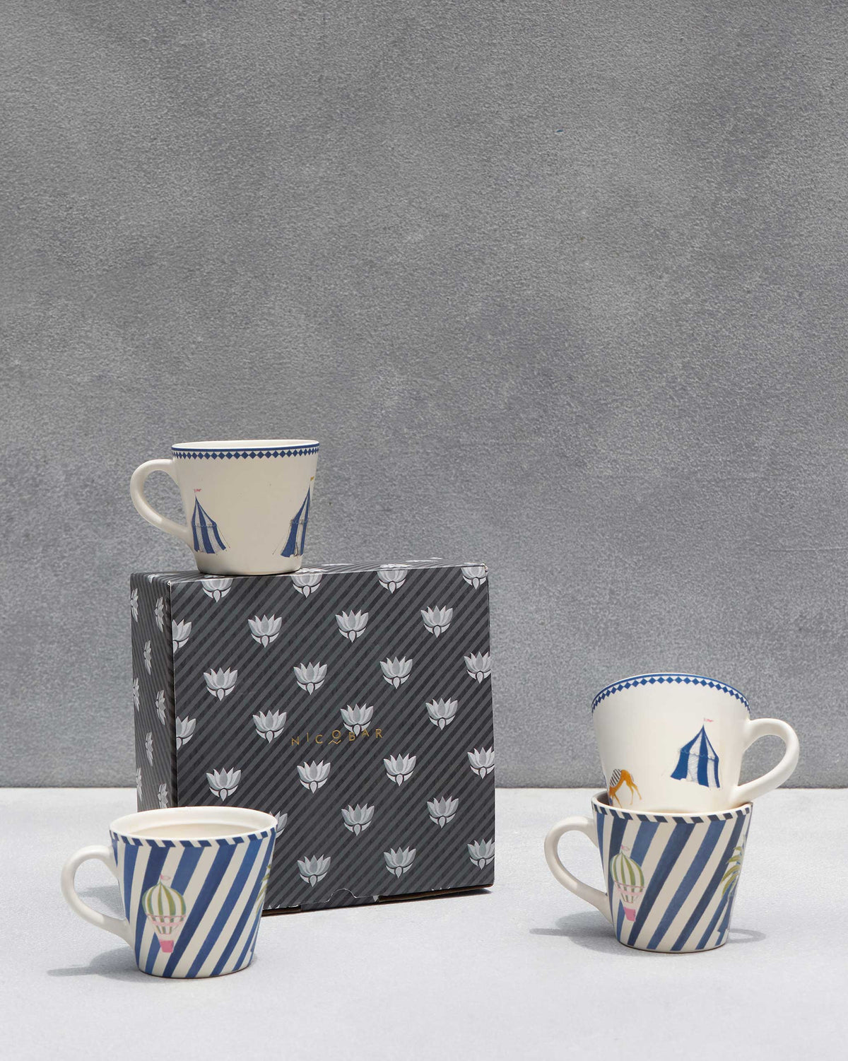 Sahara espresso mug set of four with a patterned Nicobar gift box.