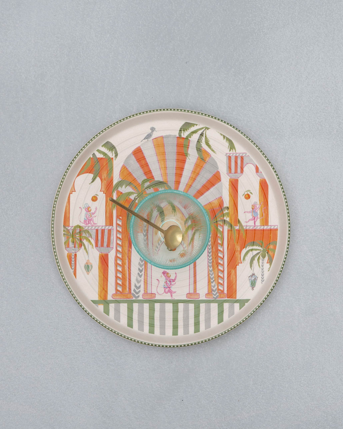 Mirage chip and dip platter with pink monkeys and a teal glass bowl.