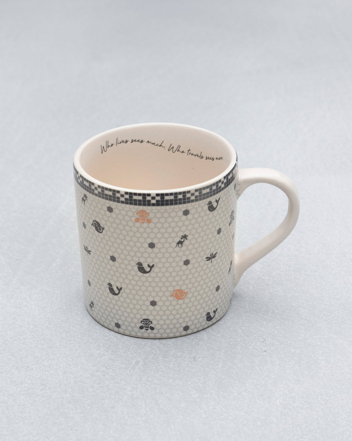 Sirocco straight mug with a black tile band and small bird motifs.