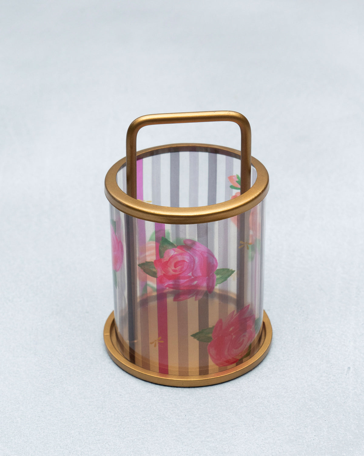 Striped Roses lantern showing pink roses on grey and magenta stripes.
