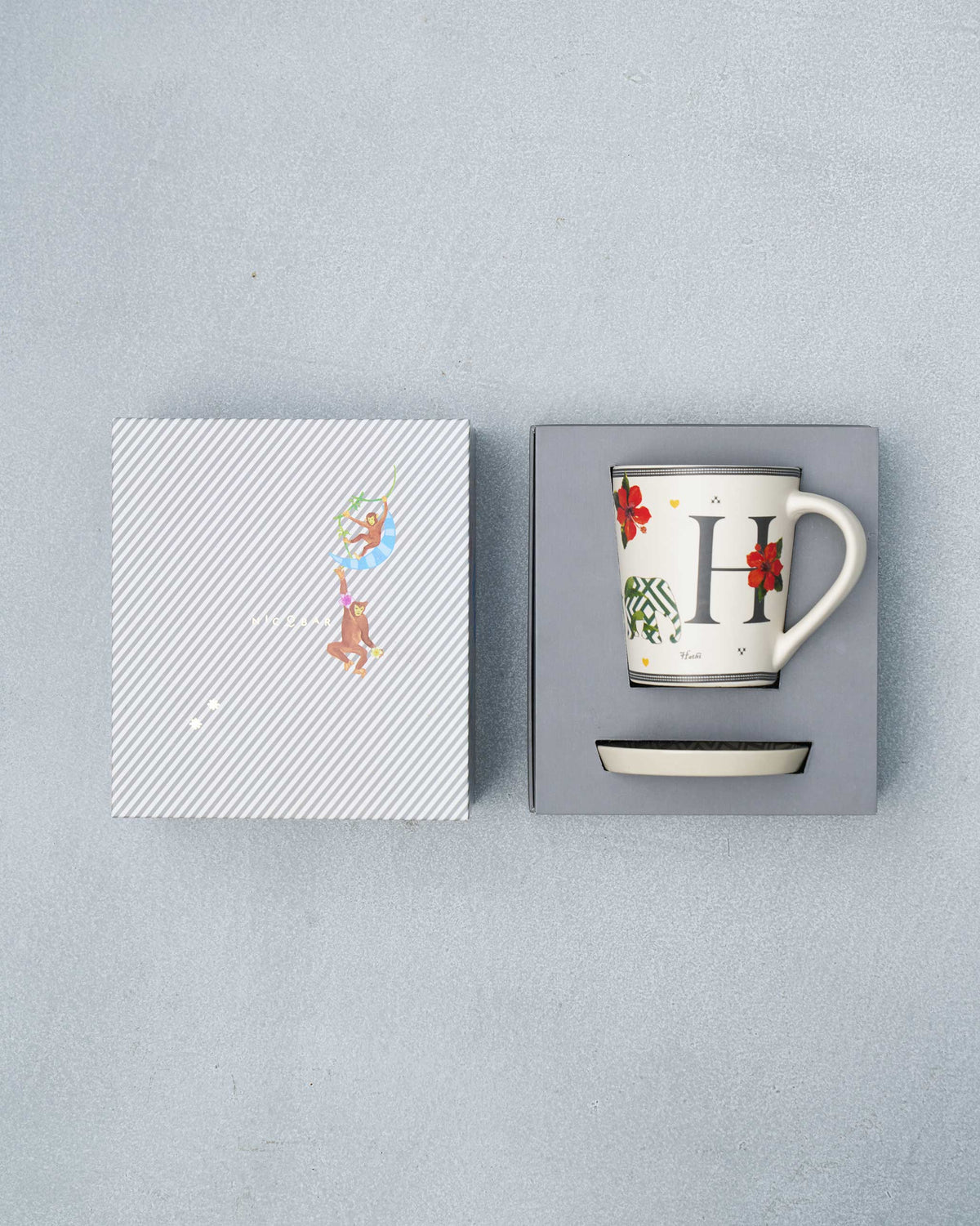 H Alphabet set packed in its gift box with mug, dish and striped lid.