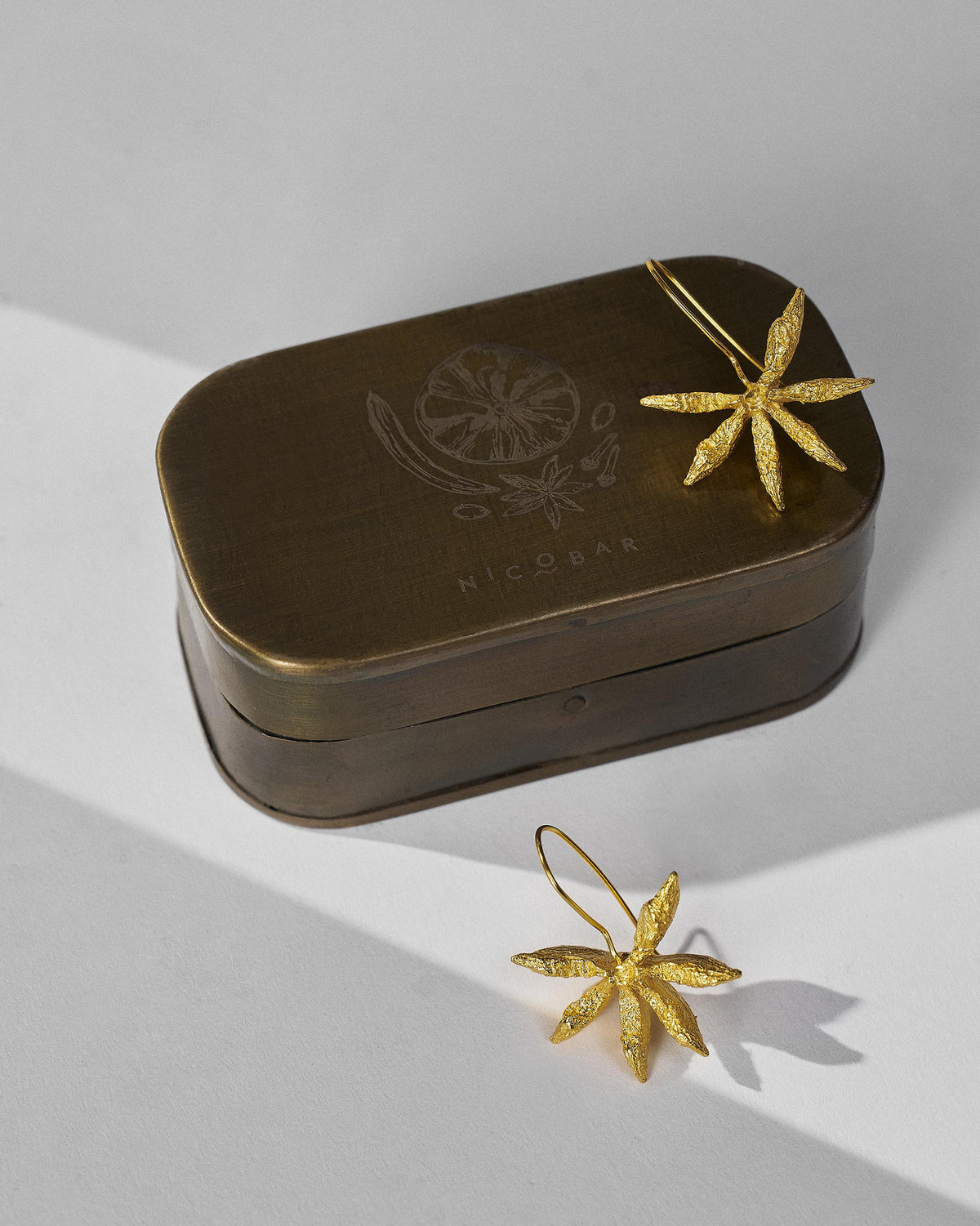 Gold Star Anise dangle earrings on a Nicobar brass tin.