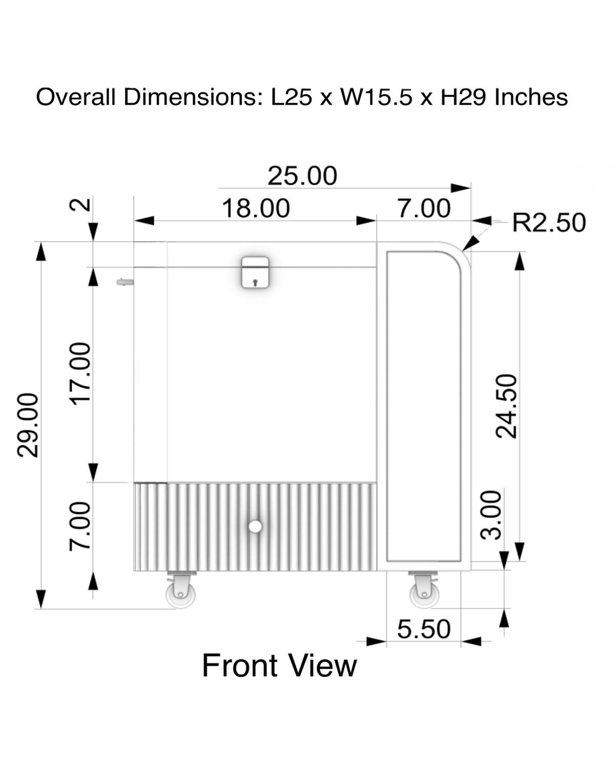 Front view size guide for the Contours of Time bar trolley.