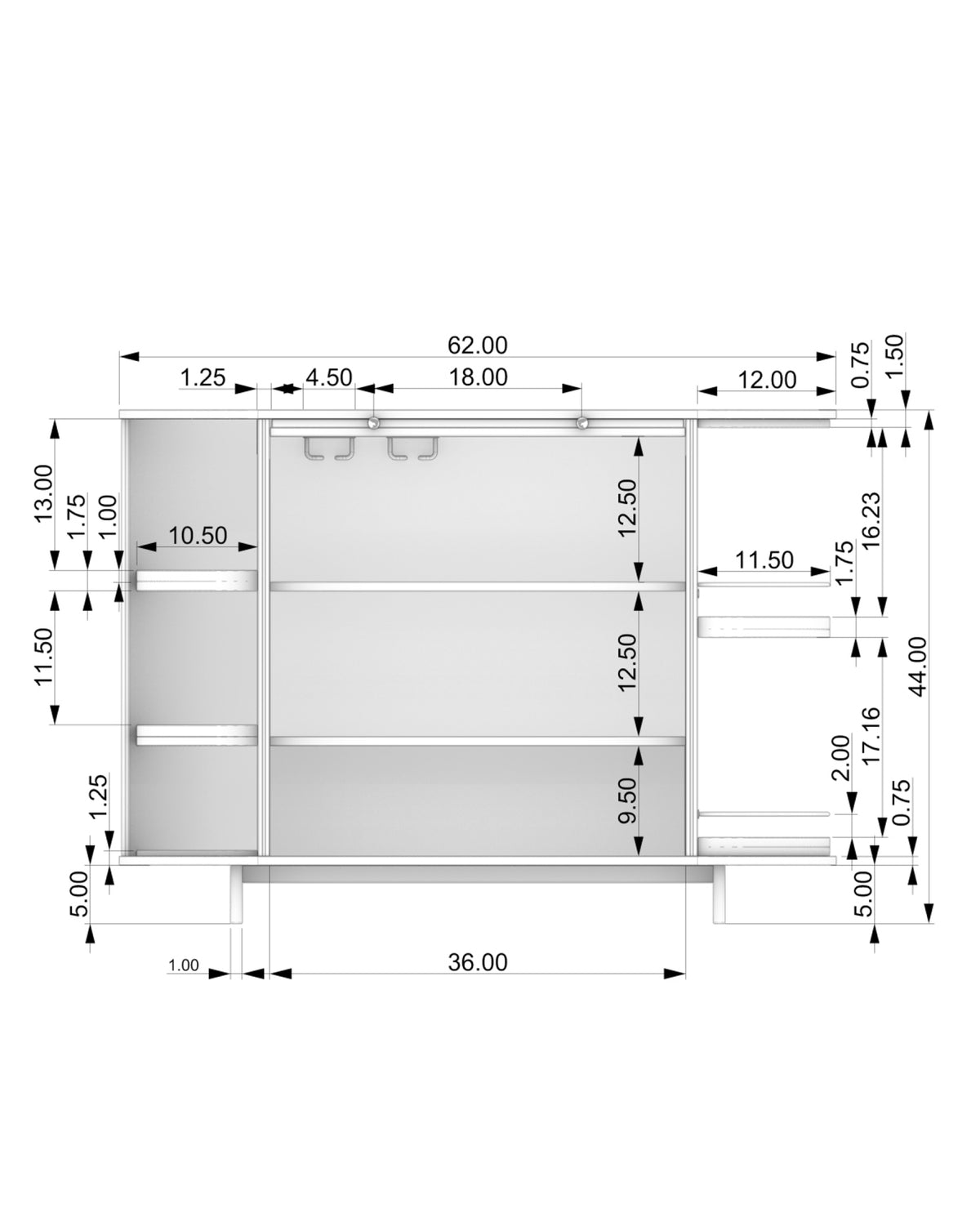 Dimension drawing of the Contours of Time cabinet front elevation.