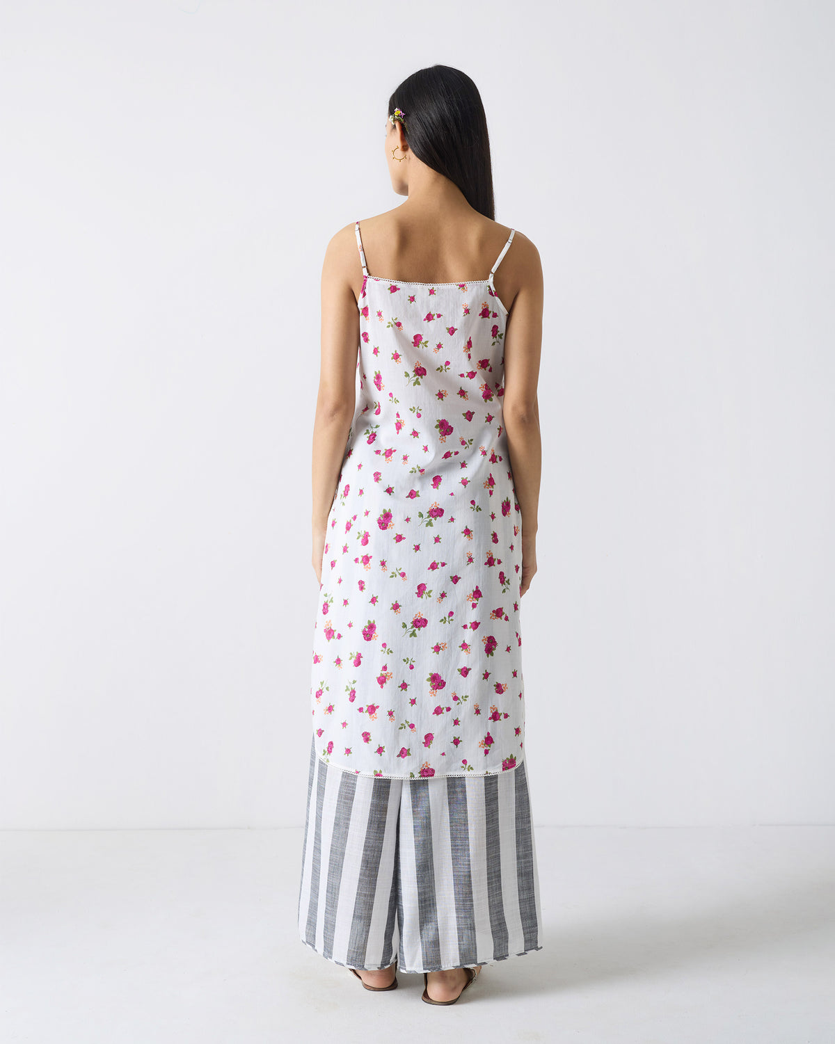 Back of a white Vintage Camisole with a fuchsia rose print.