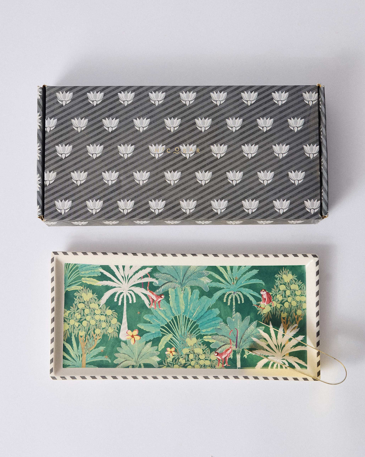 Ceylon Trail Cookie Tray beside its patterned gift box.