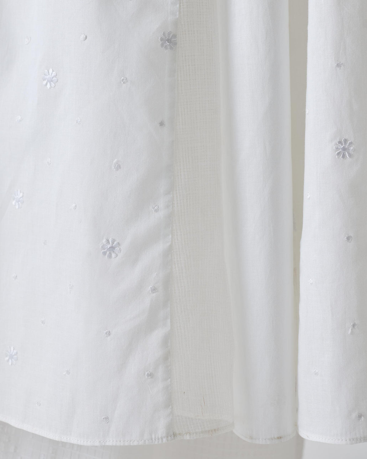 Close-up of a white kurta showing embroidered floral motifs.