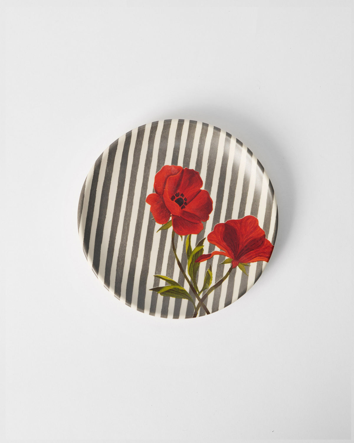 Striped Poppy quarter plate with red poppies on charcoal stripes.