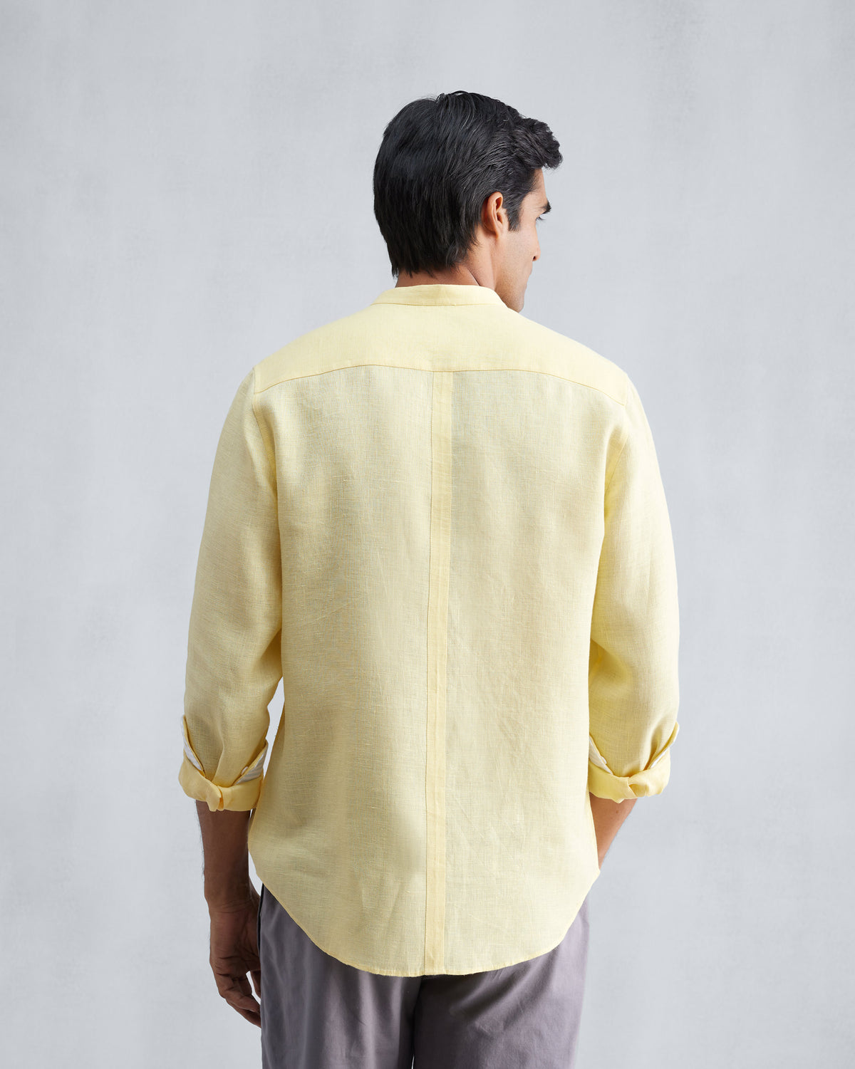 Back of a lemon Nawab shirt with a Nehru collar.