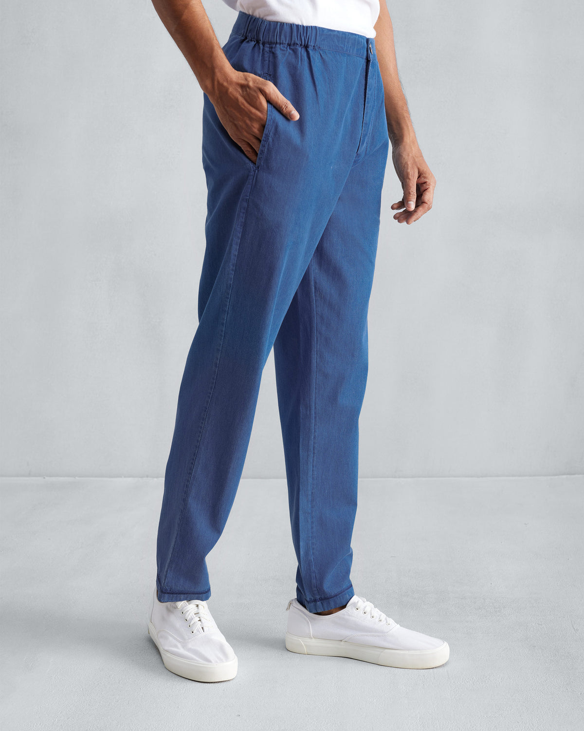 Denim Shillong jammies worn at a three-quarter angle.