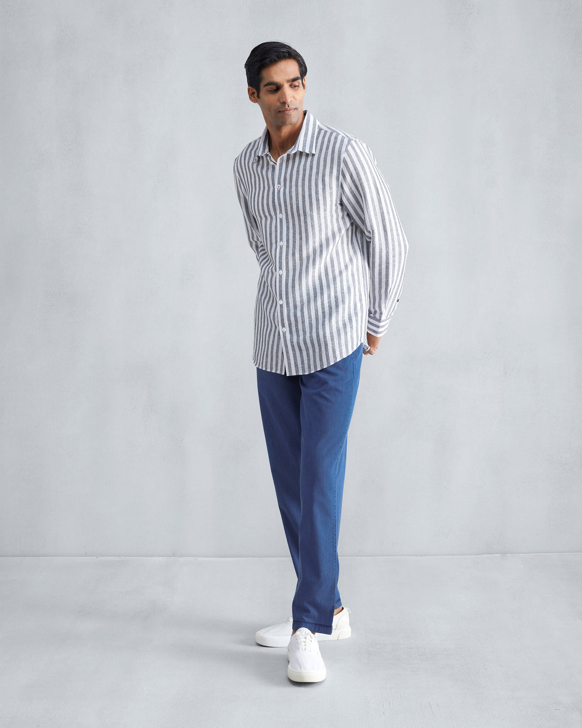 Denim Shillong jammies worn full length with a straight-leg fit.