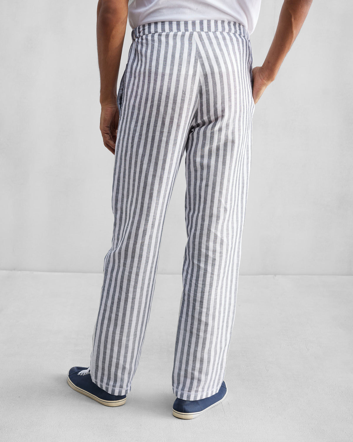 Back of charcoal and white striped Shillong jammies.