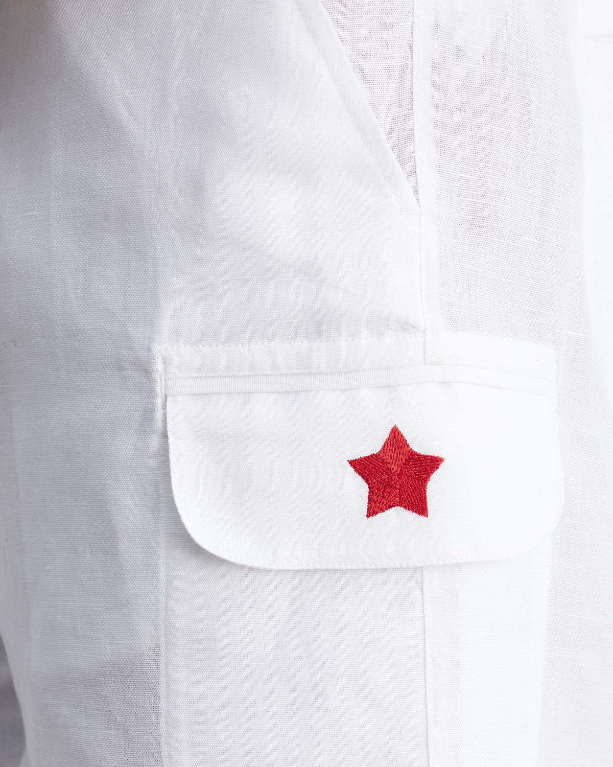 Close-up of the red star on white Classic Shorts cargo pocket.