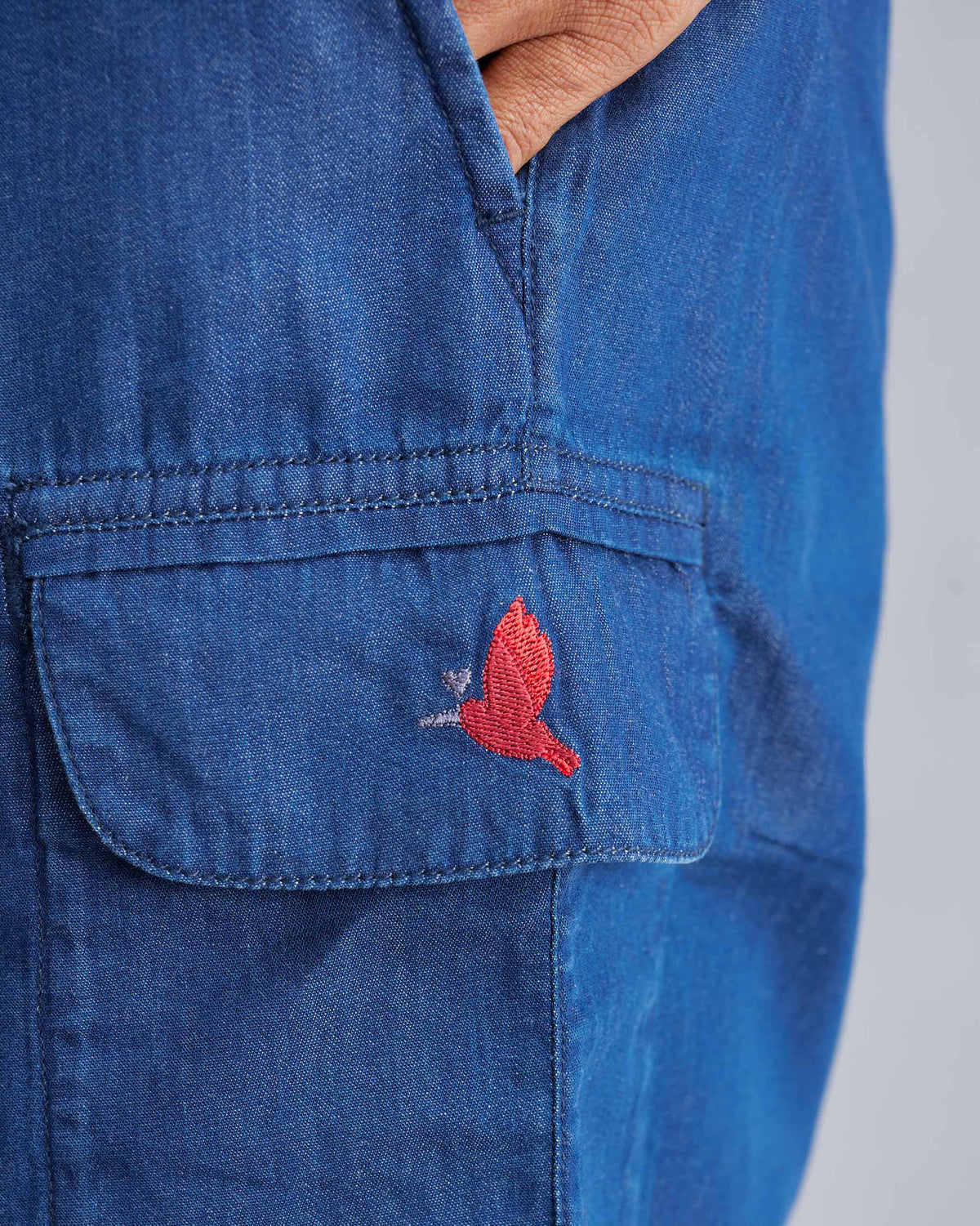 Close-up of red embroidery on the denim Classic Shorts pocket flap.