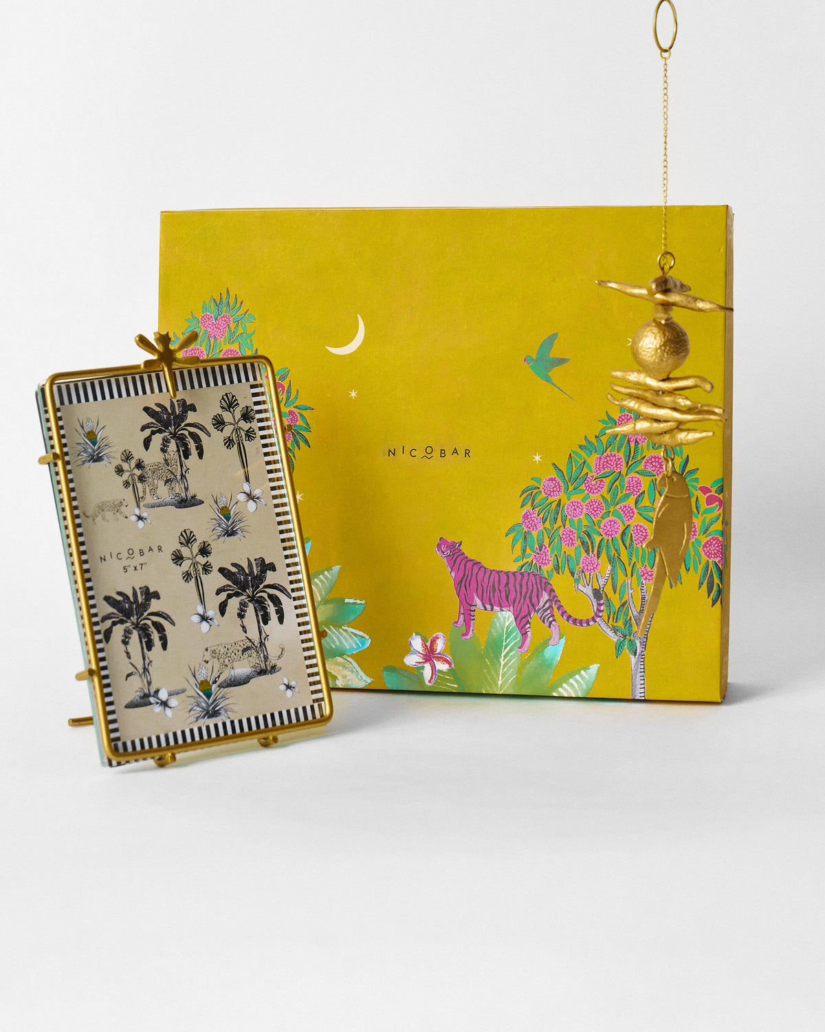 Madagascar gift set with a gold dragonfly frame and hanging charm beside its box.