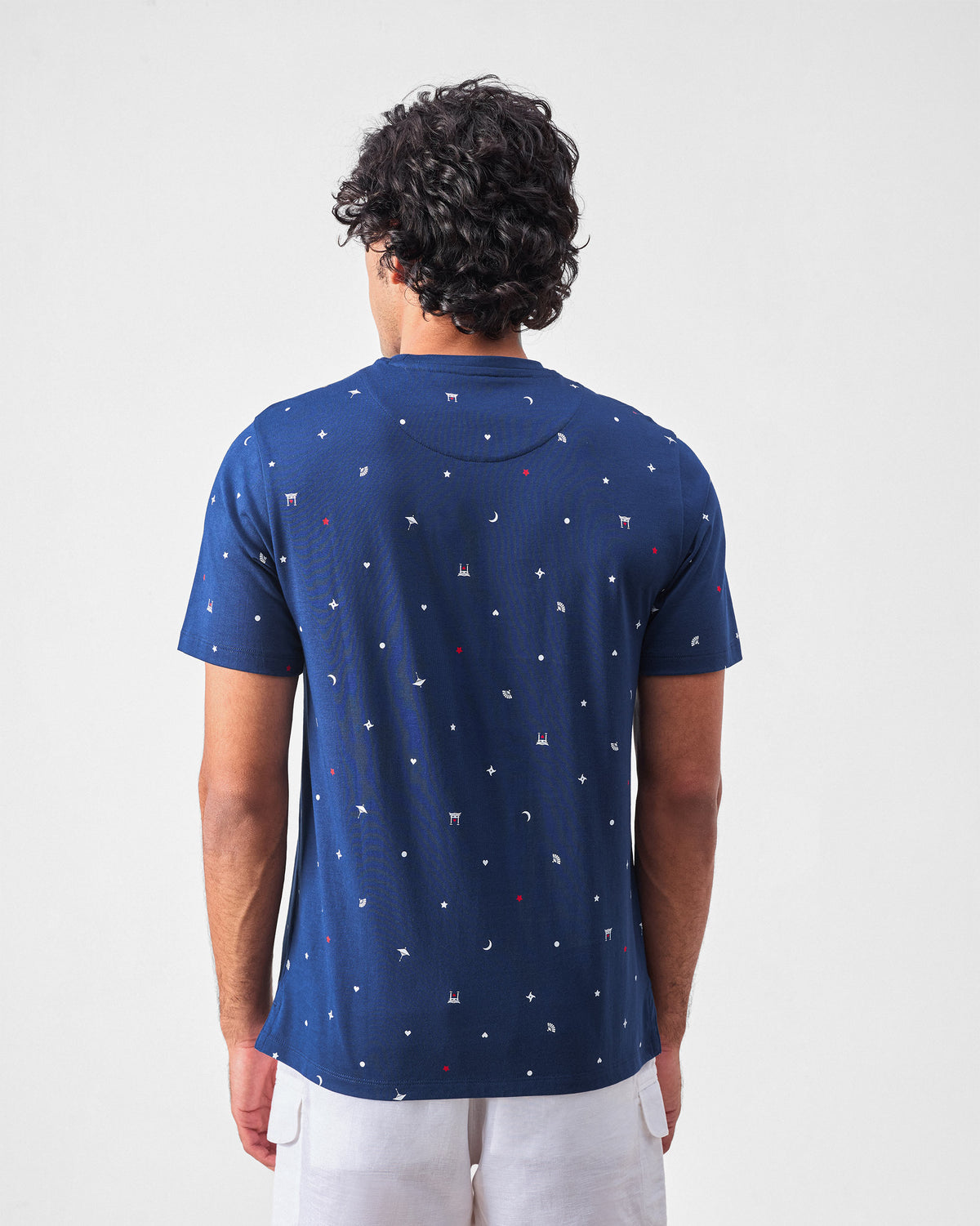 Back of a navy Haruto t-shirt with an all-over Japanese print.