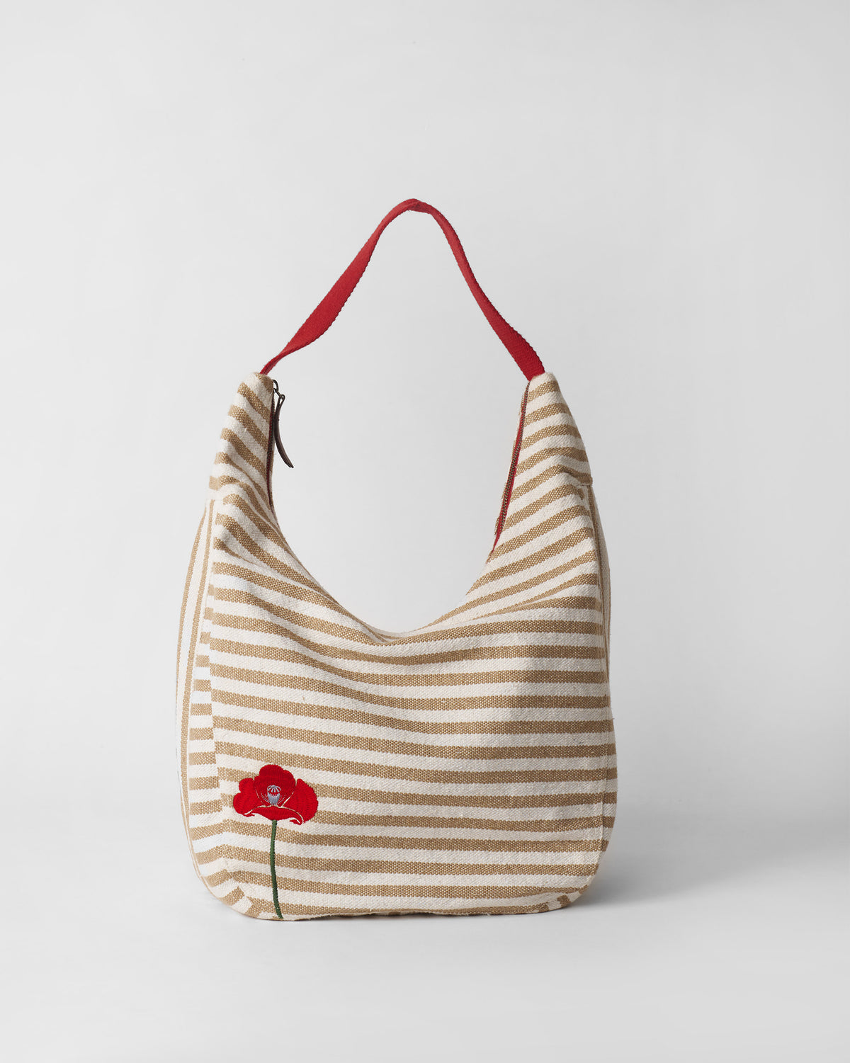 Beige and white striped Wayfarer bag with a red embroidered poppy.
