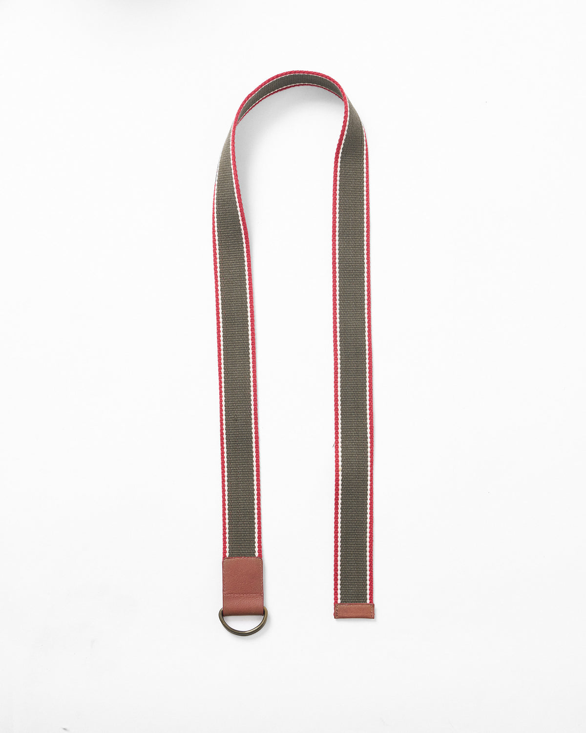 Nico Belt laid flat, showing olive stripes with red edging and a D-ring buckle.