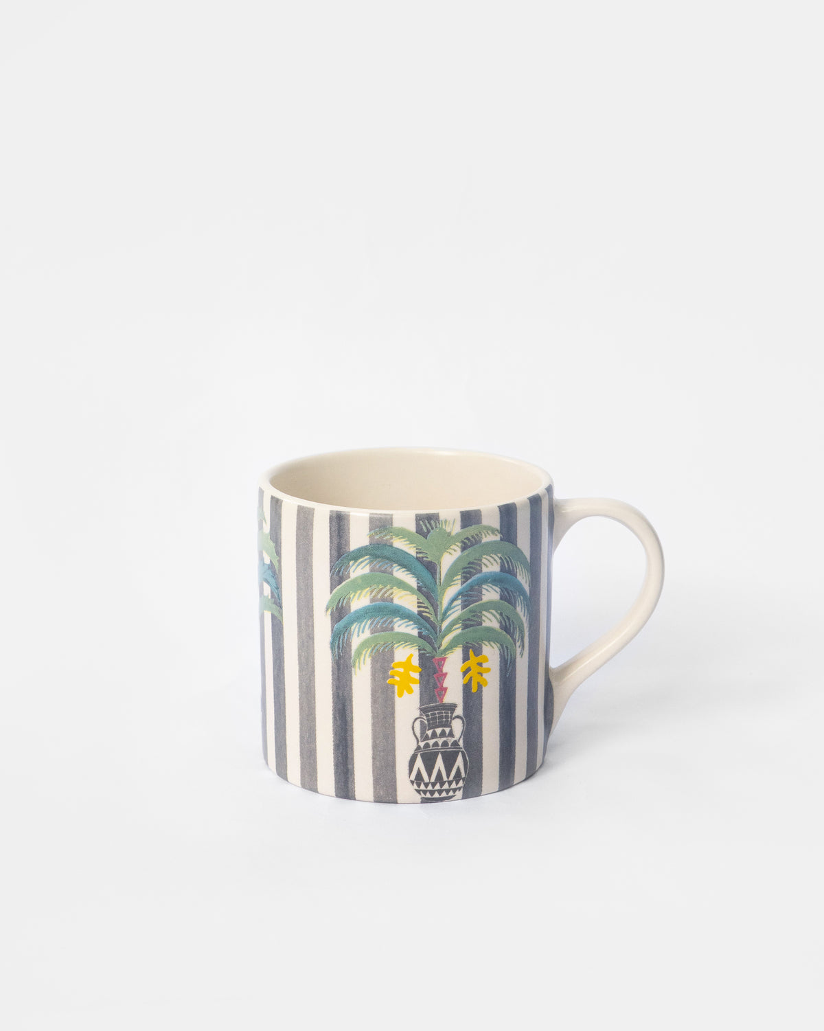 Indus Straight Mug with grey stripes and a palm tree motif.