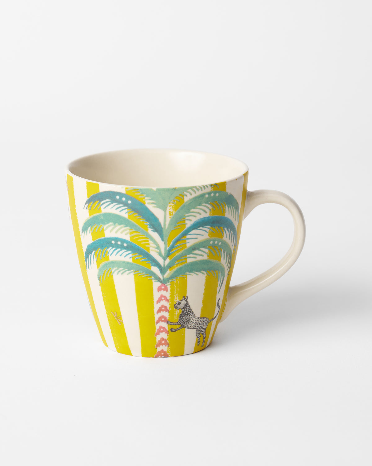 Side view of Bagh conical mug with yellow stripes, a palm and a leopard.