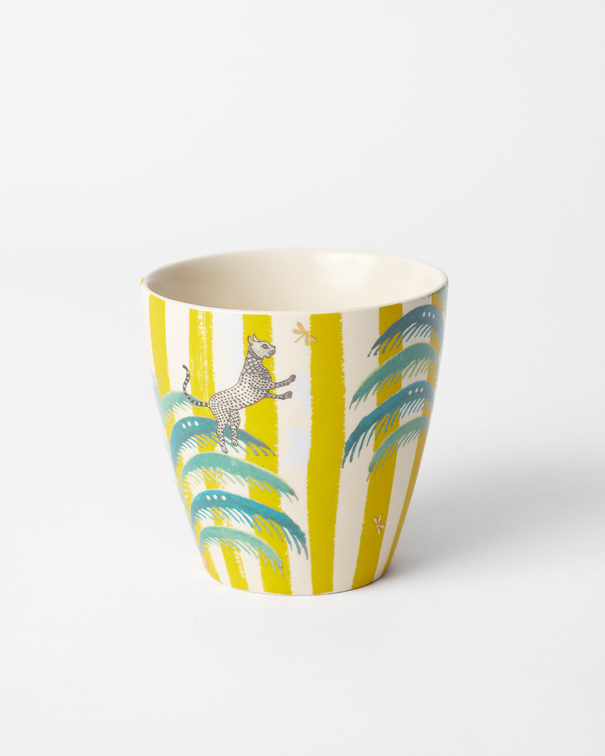 Handleless Bagh conical mug with a leopard and palm fronds on yellow stripes.